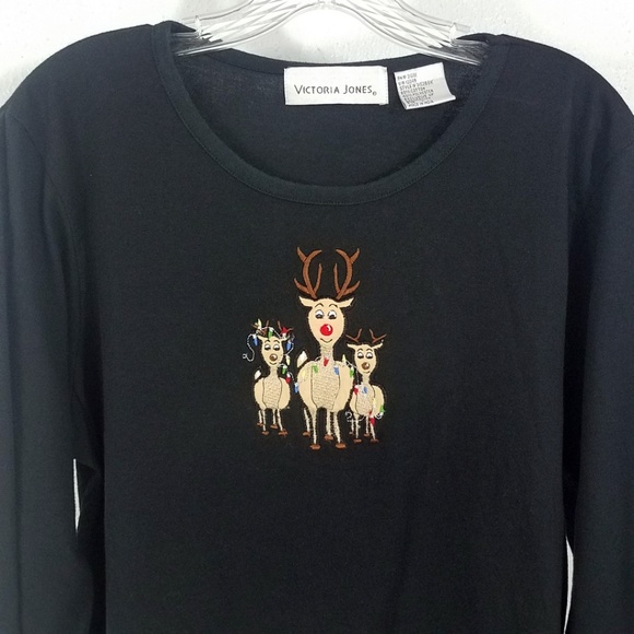 Victoria Jones Black Christmas Reindeer Large Scoop Neck Long Sleeve Shirt Top - Picture 2 of 8